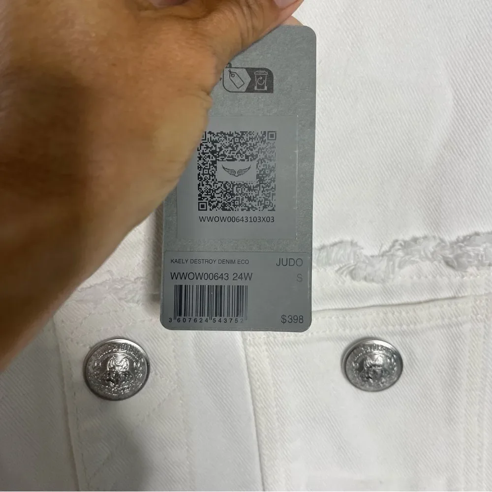 $398 Zadig & Voltaire Kaely Destroy Denim Jacket in White NWT small